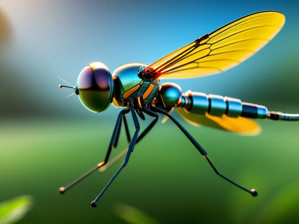 Detalle ultrarrealista del microdrone inspirado en libélulas, reflejando su ingeniería biomimética avanzada