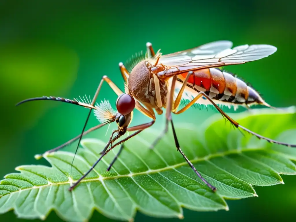 Detalle ultrarrealista de un mosquito en una hoja verde, resaltando la importancia de los mosquitos en la mitología