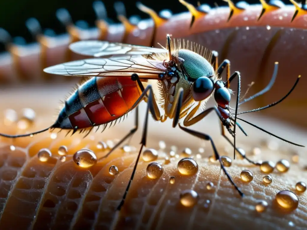 Detalle ultrarrealista de un mosquito inyectando sangre en la piel humana