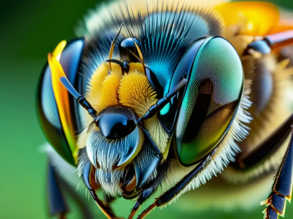 Detalle ultrarrealista del ojo compuesto de una abeja, revelando la precisión del sistema inmunológico de insectos y su entorno reflejado en el ojo