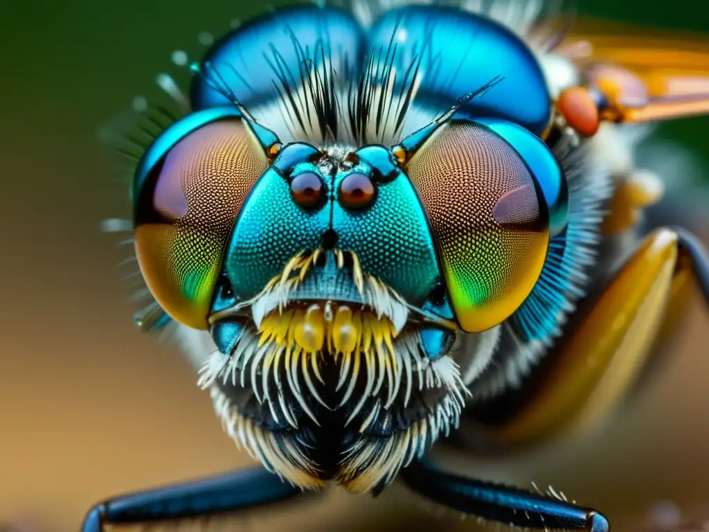 Detalle ultrarrealista del ojo compuesto de una mosca, mostrando su patrón hexagonal y pelos finos