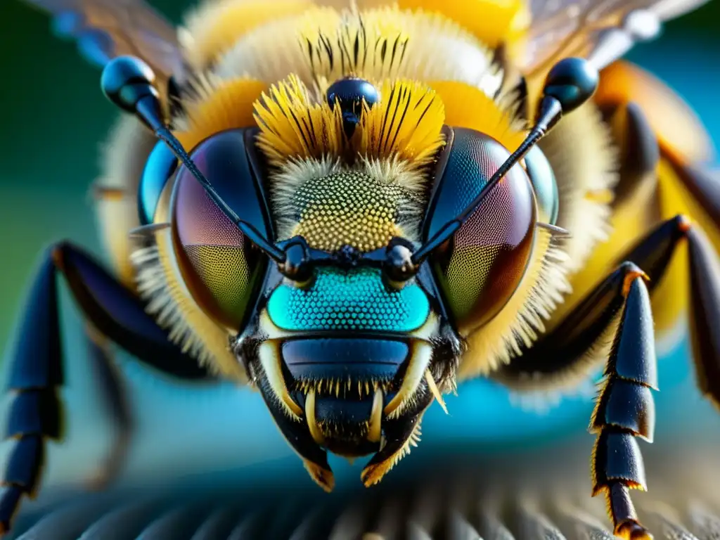 Detalle ultrarrealista del ojo compuesto de una abeja, mostrando el patrón hexagonal de las lentes y los finos vellos alrededor