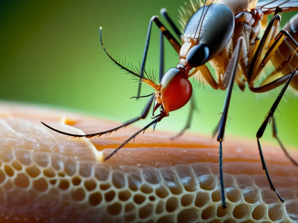 Detalle ultrarrealista de la probóscide de un mosquito penetrando la piel humana, representando la interacción entre insectos vectores salud pública global