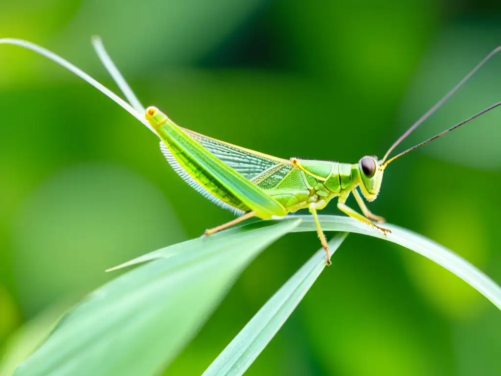 Detalle ultrarrealista de un saltamontes verde sobre una brizna de hierba, evocando la simbología de los insectos en la literatura mundial