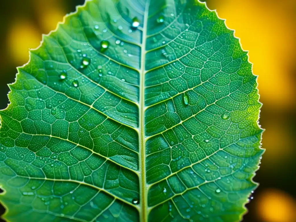 Detalle ultrarresolutivo de hoja verde con gotas de agua, revelando hábitat natural para insectos y métodos éticos de estudio