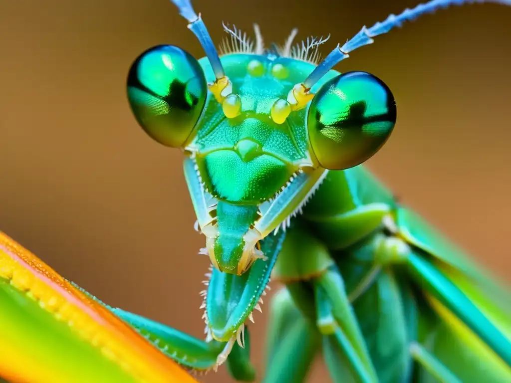 Detalle ultrarrevelador de las intrincadas mandíbulas de una mantis religiosa, destacando su estructura y la iridiscencia de su exoesqueleto