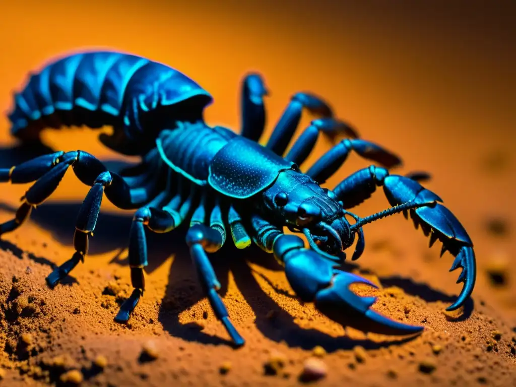 Detalle ultravioleta de un escorpión en la oscuridad del desierto, evocando misterio y emoción en excursiones guiadas encuentro seguro escorpiones