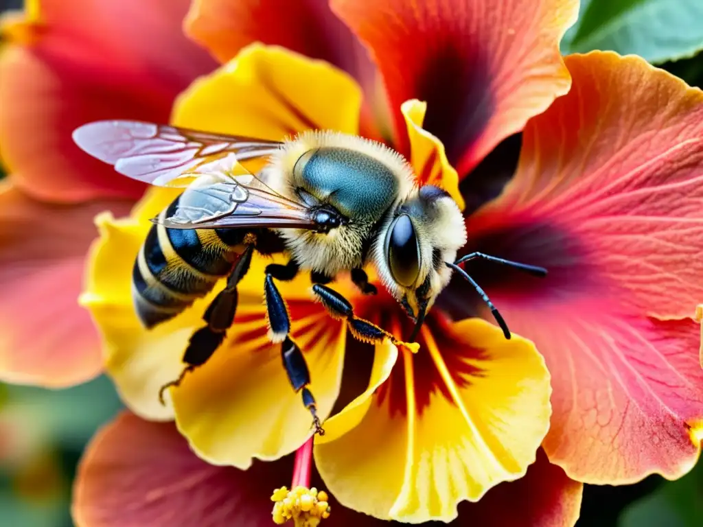 Detalle ultravívido de una abeja cubierta de polen amarillo, libando néctar de una flor roja