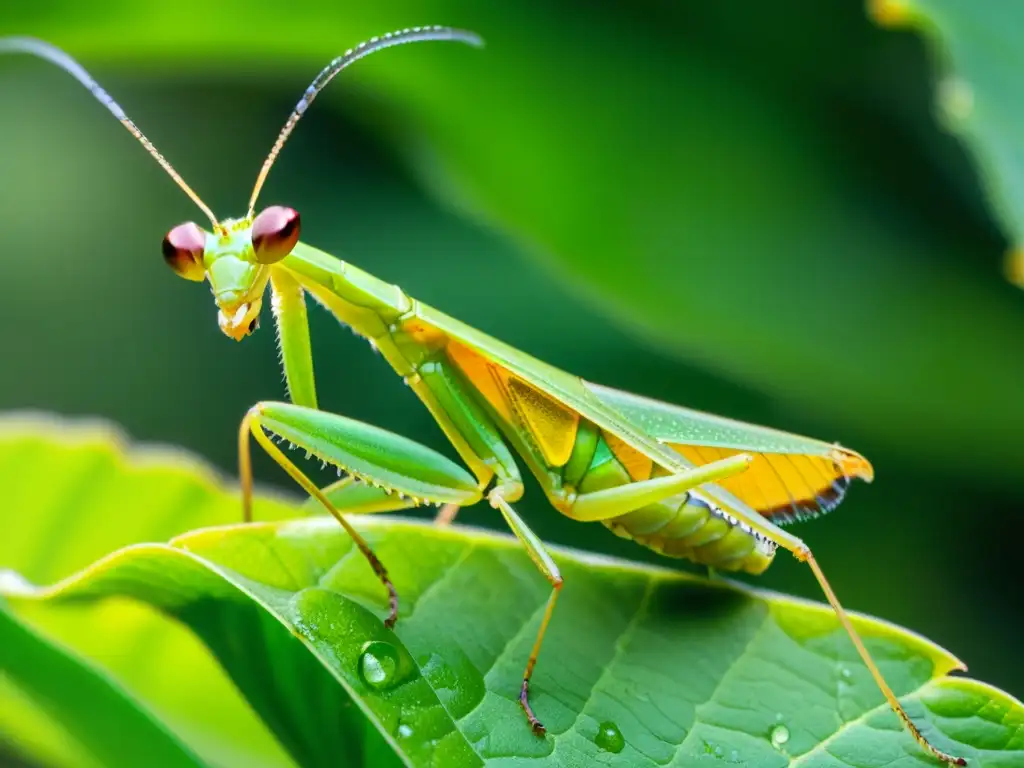 Detalle ultravívido de una mantis verde sobre hoja, con sus alas y cuerpo en foco