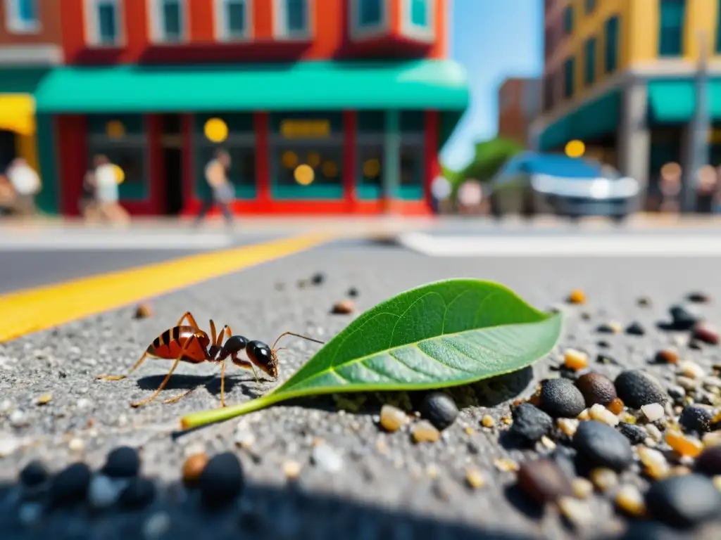 Detalle urbano: una hormiga solitaria lleva una diminuta hoja, ilustrando el impacto de la urbanización en las poblaciones de insectos