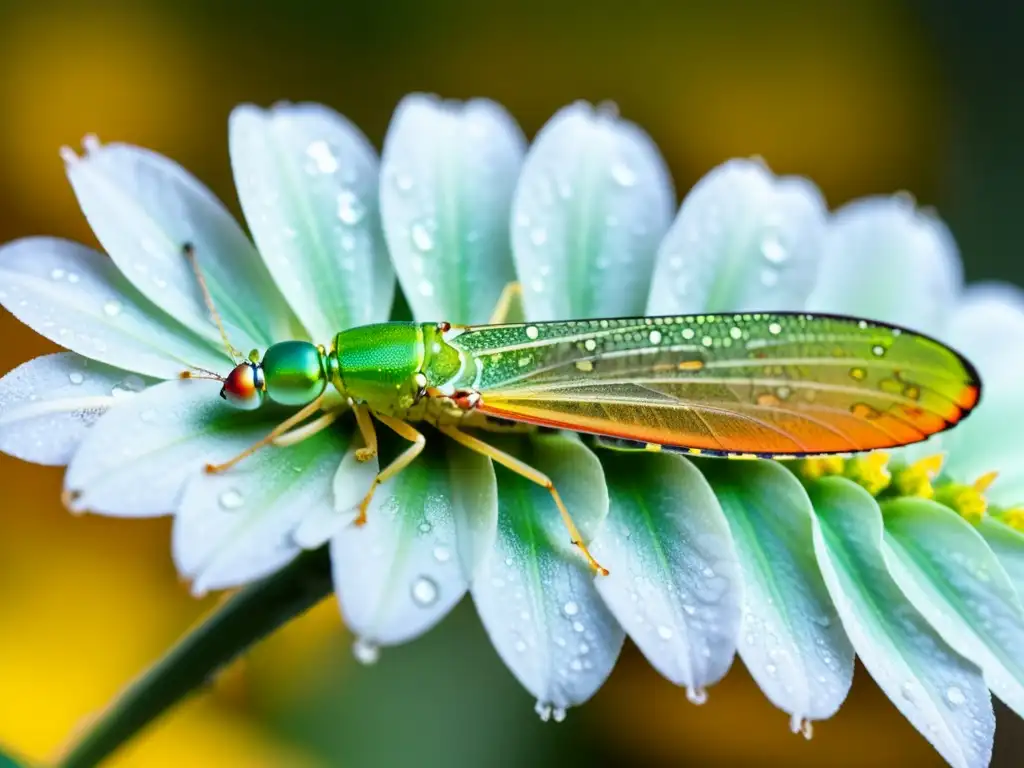 Detalle de una crisopa verde sobre una flor, con alas traslúcidas y ojos dorados, en manejo ecológico de plagas con feromonas artificiales