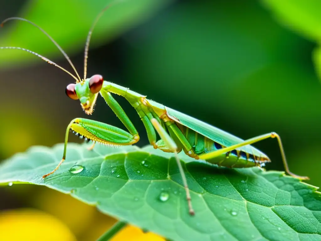 Detalle de una mantis verde en una hoja con gotas de rocío