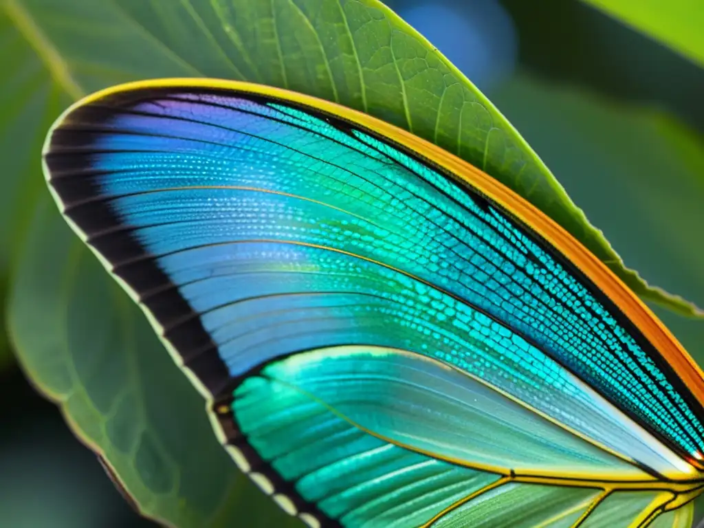 Detalle vibrante de ala de mariposa, luz filtrada y patrones iridiscentes en hoja verde