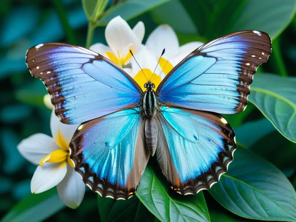 Detalle vibrante de mariposa Morpho azul en flor tropical, destacando sus iridiscentes escamas