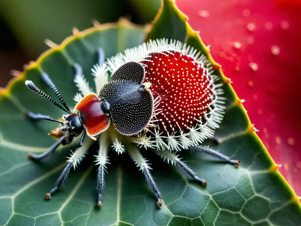 Detalle vibrante de cochinilla roja (Dactylopius coccus) en nopal, resaltando impacto colorantes naturales dieta