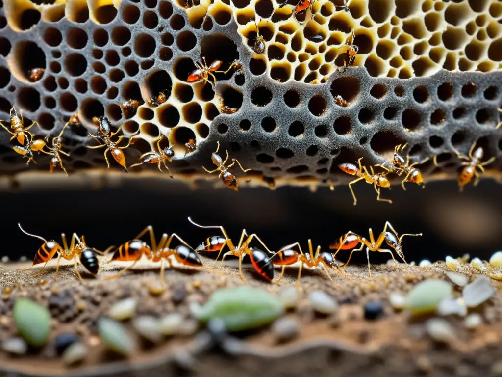 Detalle vibrante de una colonia de hormigas con compleja organización y rango en sociedades de insectos