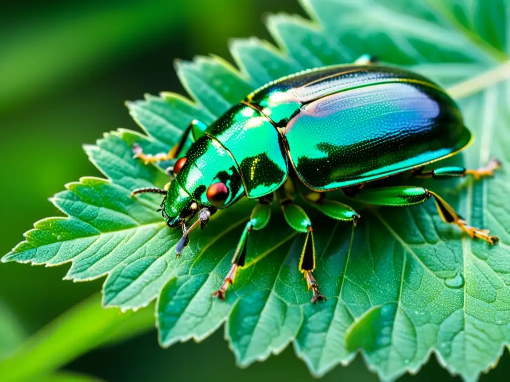 Detalle vibrante de un escarabajo verde metálico sobre una hoja cubierta de rocío