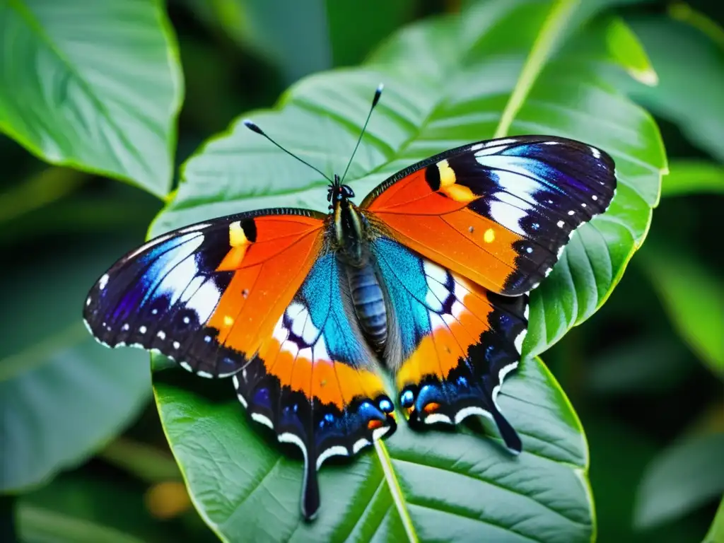 Detalle vibrante de mariposa exótica del trópico en hoja verde exuberante