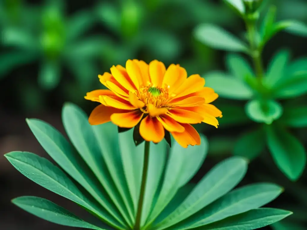 Detalle de una vibrante flor de cempasúchil con pétalos naranjas y tallo verde