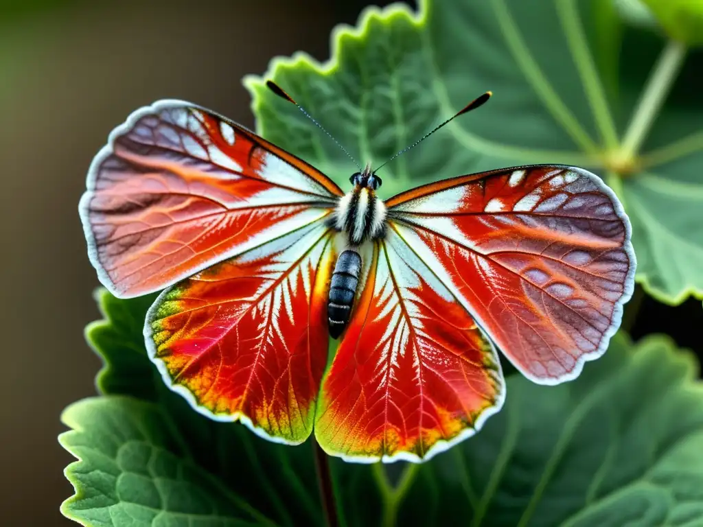 Detalle vibrante de una hoja de geranio con daños por la mariposa taladradora