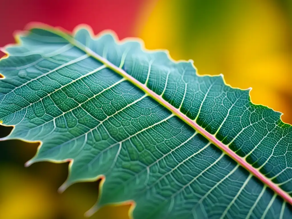 Detalle vibrante de una hoja revelando signos de invasión, resaltando la importancia de la detección temprana de insectos invasores automatizada