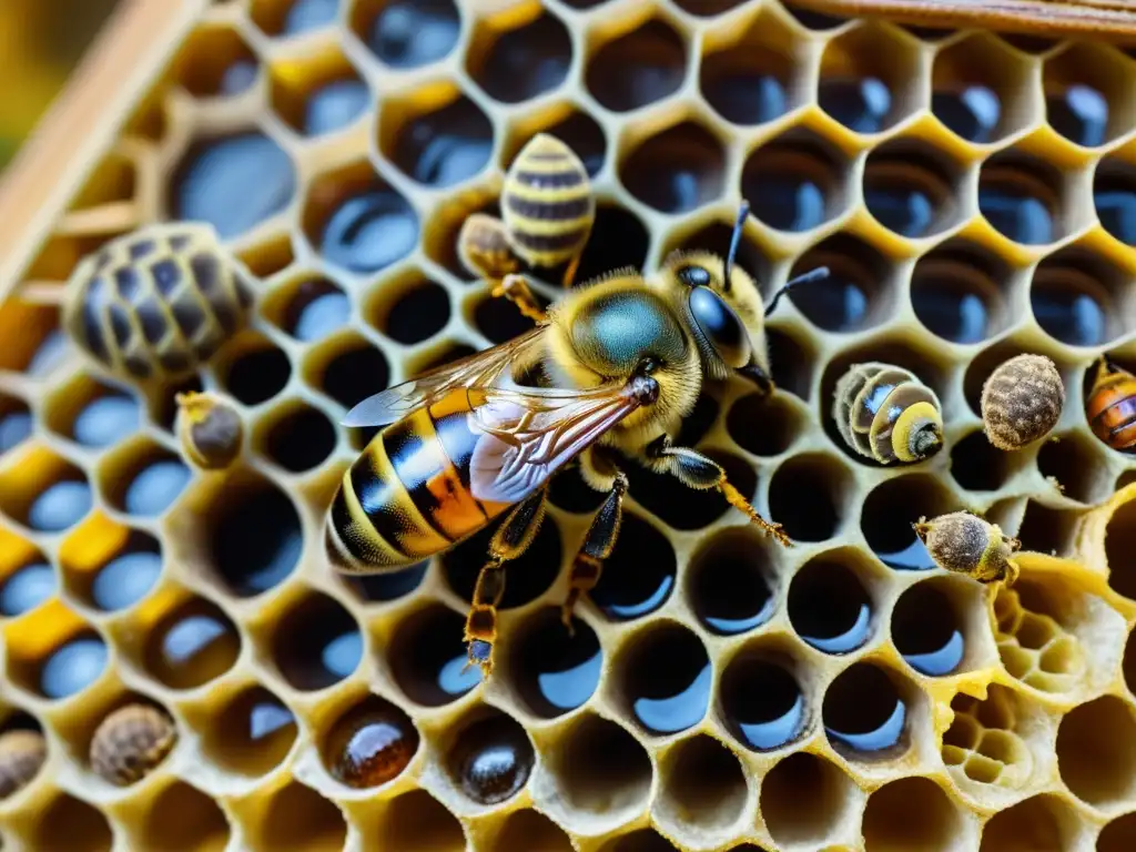 Detalle vibrante de la comunicación entomológica: misterios y lenguaje, con abeja realizando la danza de la colmena en un panal colorido