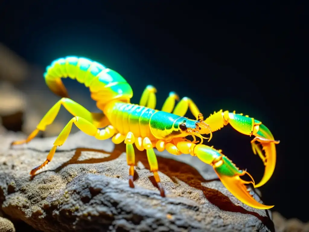 Detalle vibrante de un escorpión bajo luz negra, destacando sus intrincados patrones fluorescentes