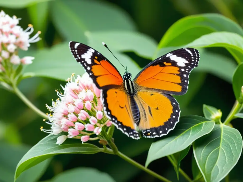 Detalle vibrante de una mariposa naranja en flores de algodoncillo