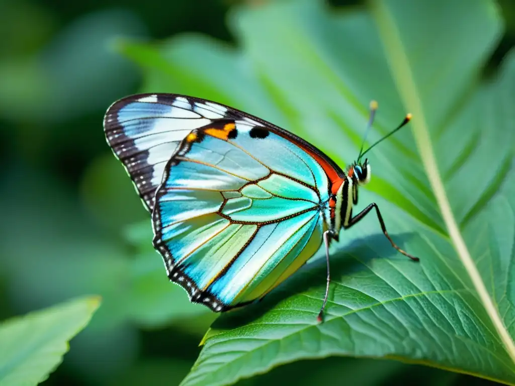 Detalle vibrante de una mariposa iridiscente posada en una hoja verde