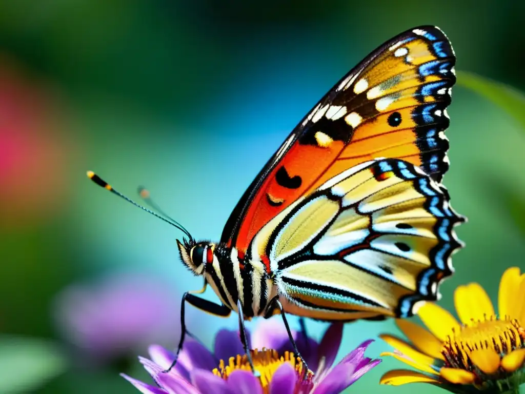 Detalle vibrante de mariposa iridiscente en flor, resaltando la importancia de los insectos en ecosistemas