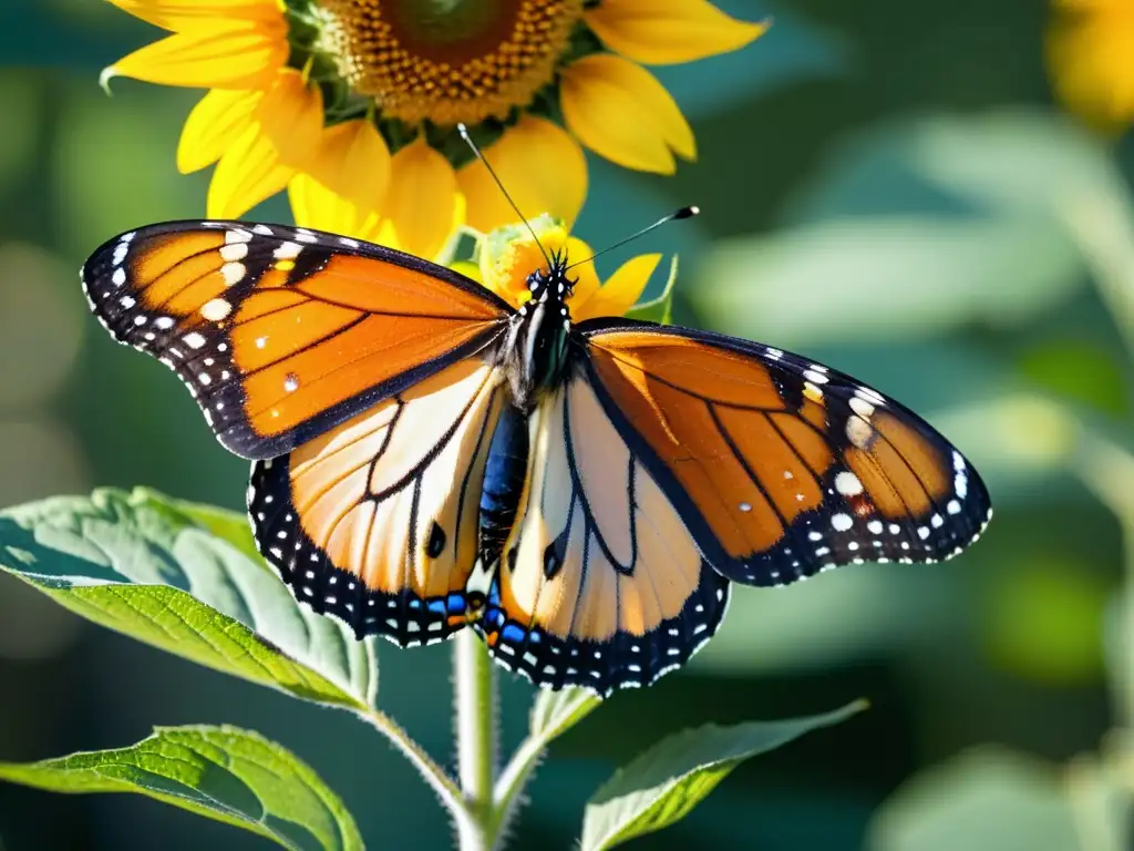 Detalle vibrante de una mariposa monarca en un girasol, resaltando la importancia de los insectos en festivales