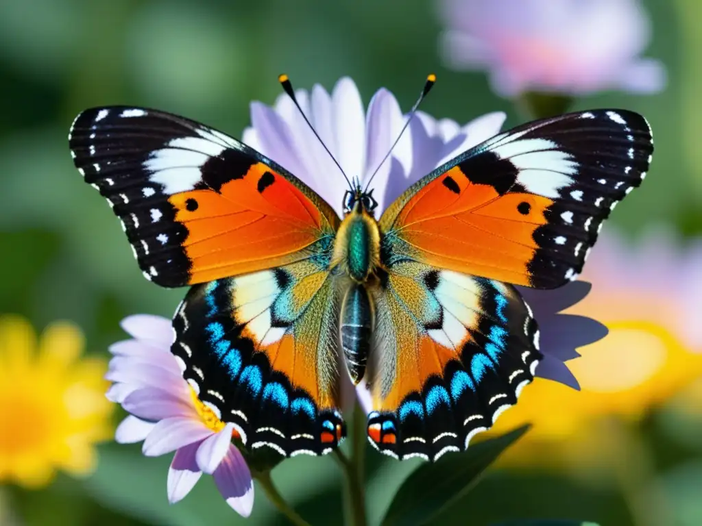 Detalle vibrante de una mariposa posada en flor, que muestra la importancia ecológica de mariposas y polillas