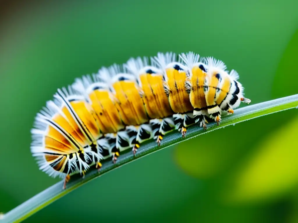 Detalle vibrante de la metamorfosis de una oruga en crisálida, resaltando la importancia de la metamorfosis insectil