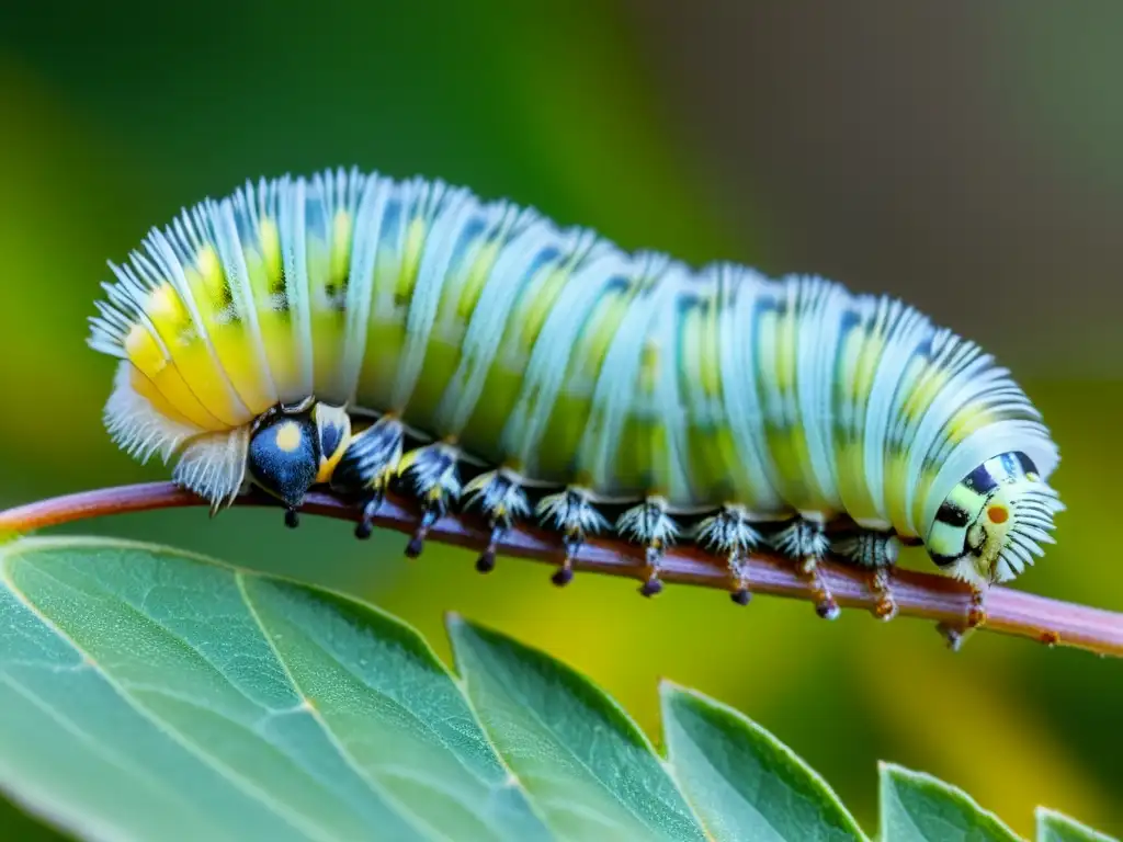 Detalle vibrante de la metamorfosis de una oruga, mostrando los mecanismos de defensa y ciclo de vida de los insectos