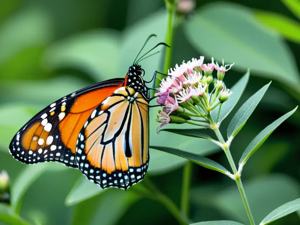 Detalle vibrante de mariposa monarca en planta de algodoncillo, con transferencia generacional migraciones insectos