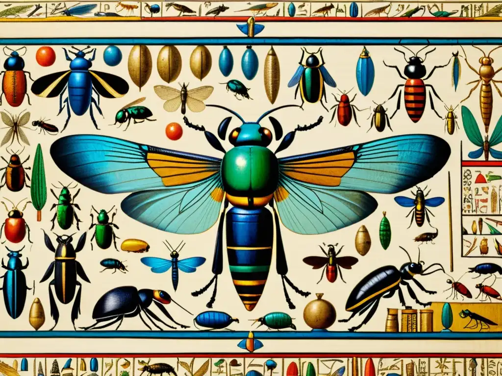 Detalle vibrante de un papiro egipcio con ilustraciones de insectos y jeroglíficos, reflejando la importancia de los insectos en Egipto