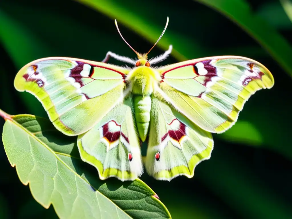 Detalle vibrante de una polilla Luna verde descansando en una hoja, resaltando la importancia de los insectos en ecosistemas