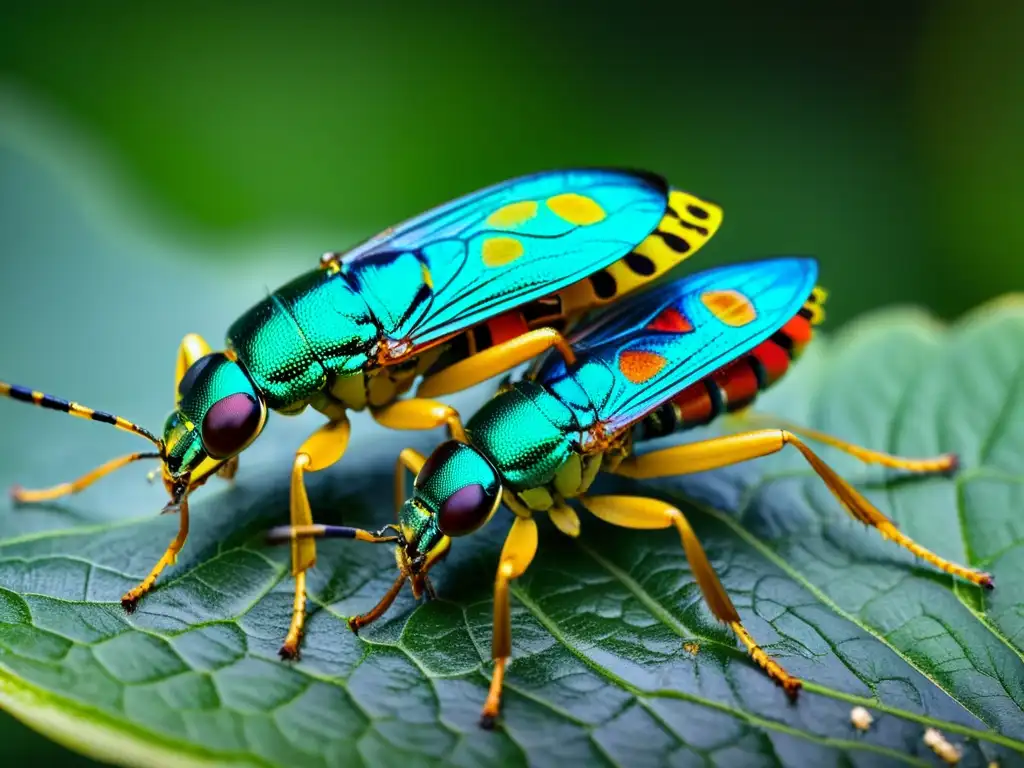 Detalle vibrante del proceso de reproducción en insectos con enfoque en órganos reproductivos y exoesqueletos, en un entorno natural