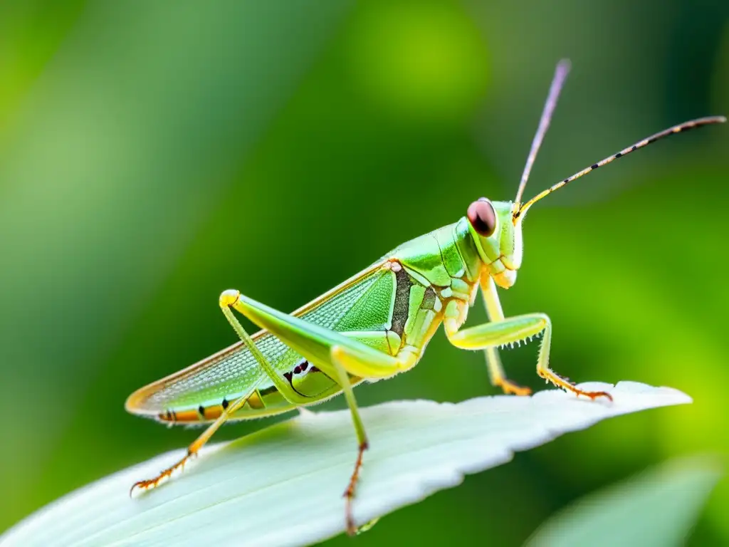 Detalle vibrante de un saltamontes en una hoja, con su exoesqueleto iridiscente y paisaje natural