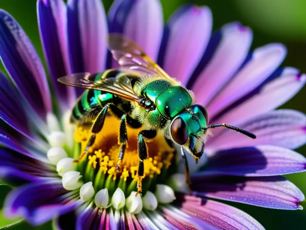 Detalle de vida: abeja sudor verde metálica cubierta de polen iridiscente posada en flor morada, estrategias de vida insectos extremófilos