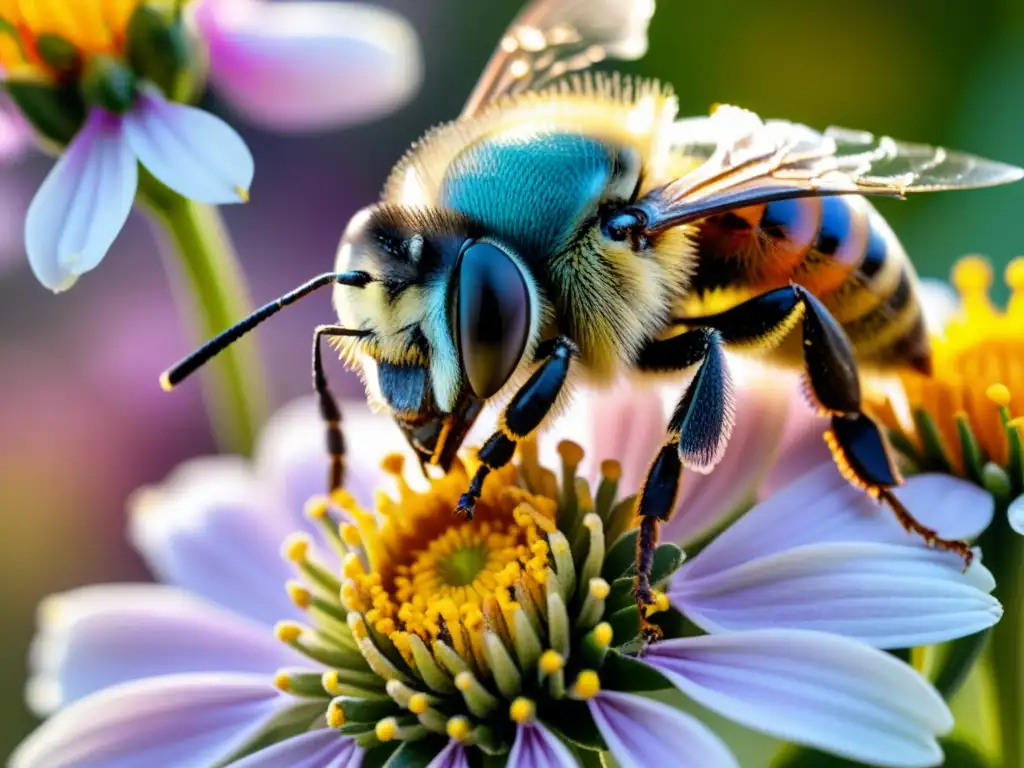 Detalle vívido de abeja polinizando flores, resaltando la importancia de proteger polinizadores y ecosistemas en la naturaleza exuberante