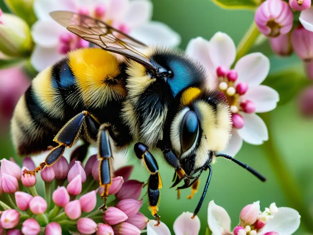 Detalle vívido de una abeja polinizadora en acción, resaltando la importancia de los insectos en la cadena alimenticia