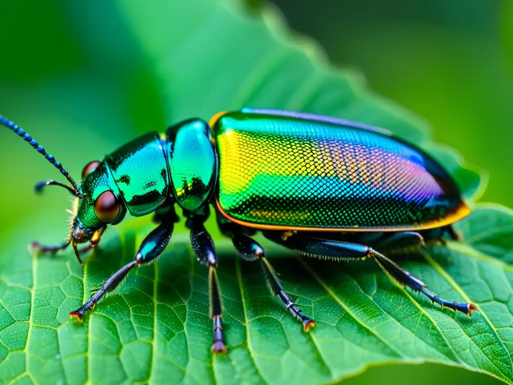 Detalle vívido de escarabajo joya en hoja con patrones iridiscentes, resaltando la legislación protección insectos amenazados