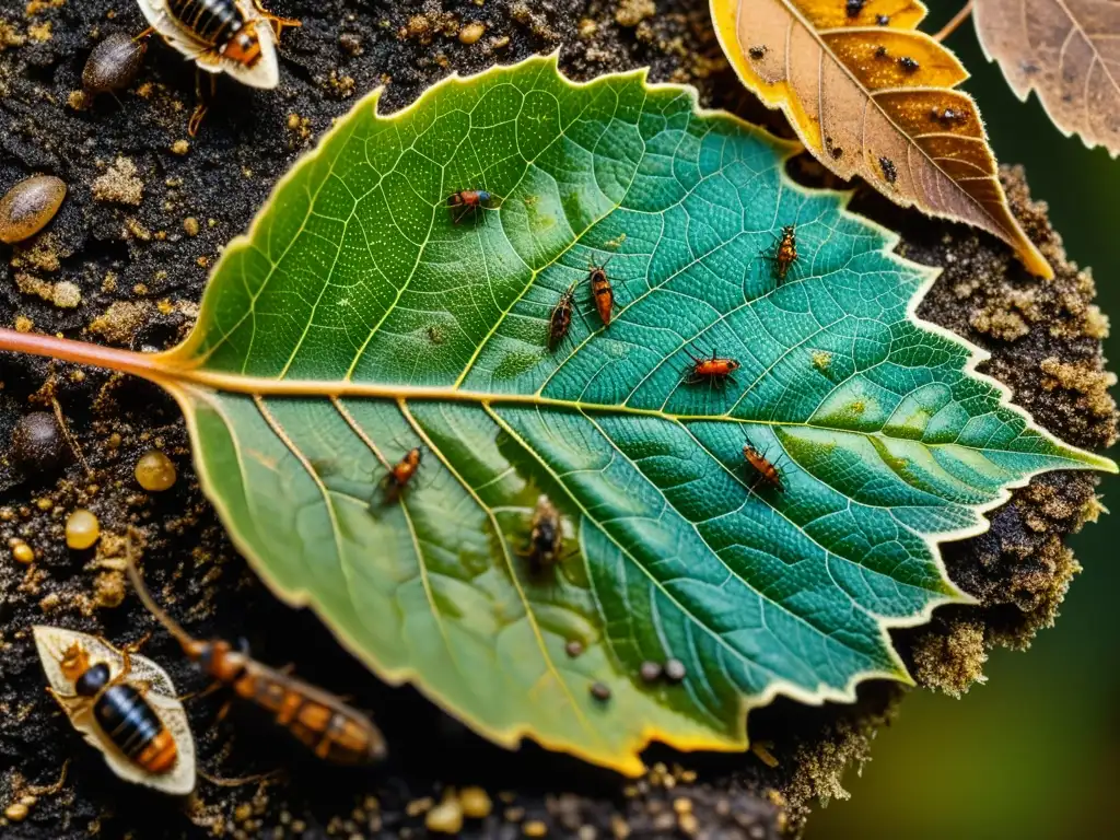 Detalle vívido de hoja en descomposición con insectos muertos