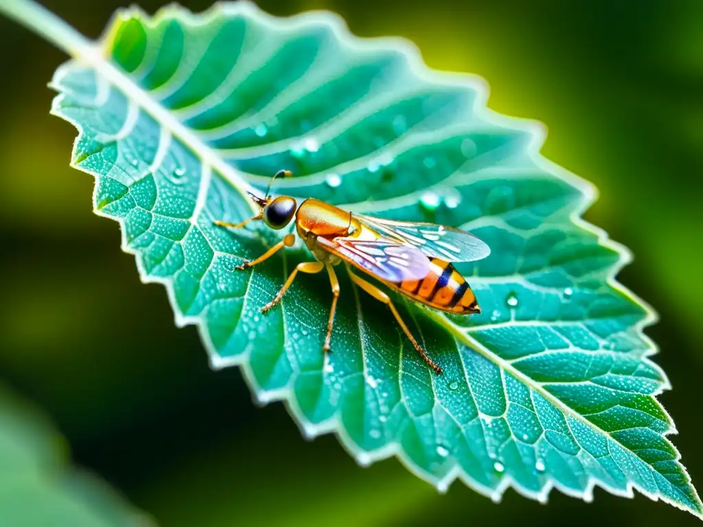 Detalle vívido de un insecto en una hoja verde, con alas translúcidas y cuerpo iridiscente, reflejando la luz del sol