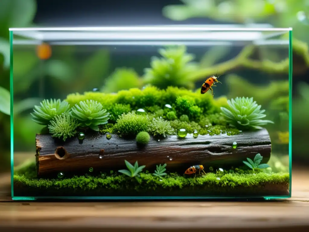 Detalle vívido de un tronco cubierto de musgo en un terrario para insectos en casa, con gotas de agua y pequeños insectos, iluminado suavemente