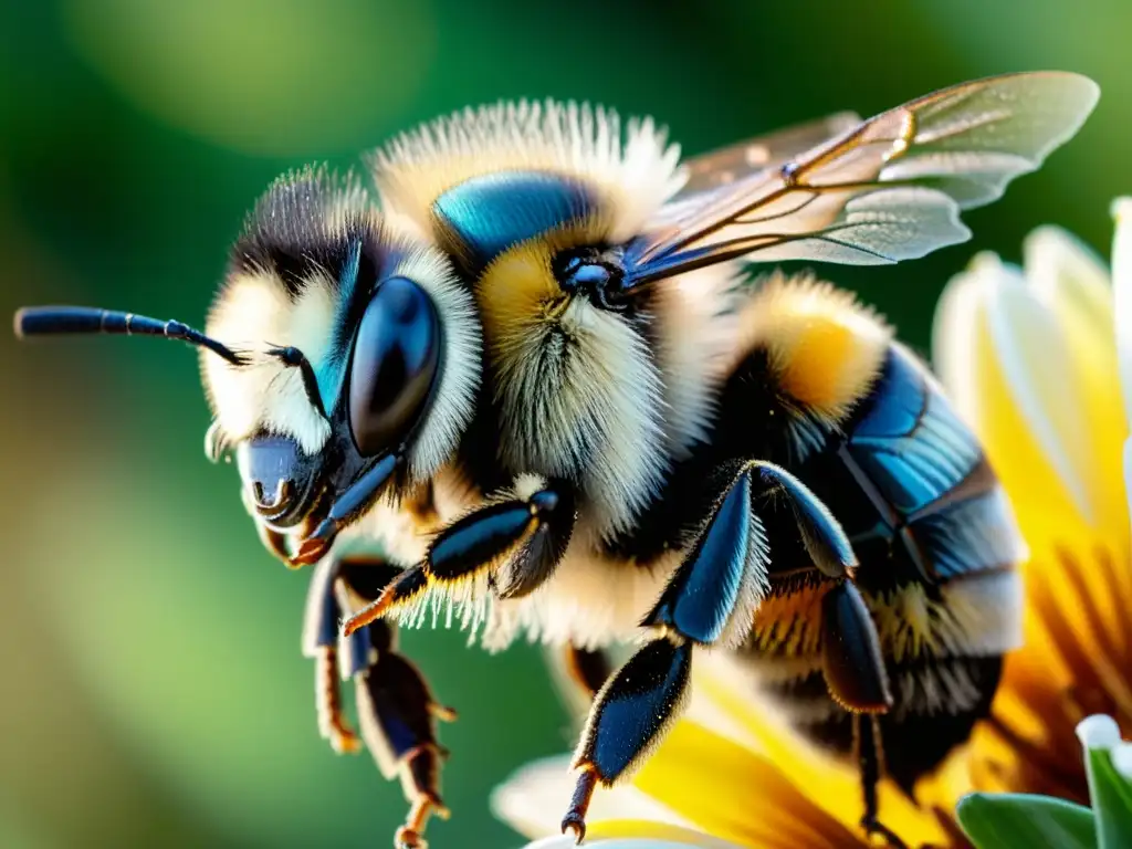 Detalle del vuelo de un abejorro, con alas iridiscentes en movimiento y cuerpo cubierto de pelo, revelando el misterio del vuelo de insectos