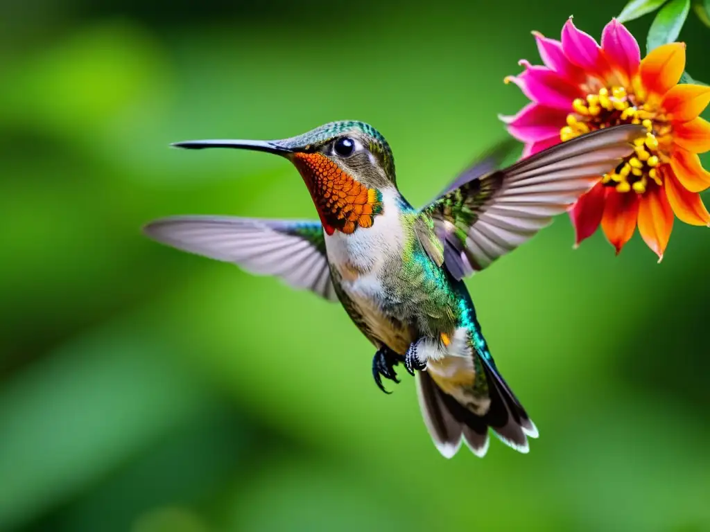 Detalle de colibrí en vuelo hacia flor vibrante, resaltando la importancia de los insectos en la cadena alimenticia