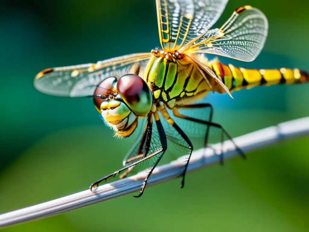 Detalles de adaptaciones musculares en vuelo de insectos: una libélula en pleno vuelo, con sus alas translúcidas capturando luz y sombra