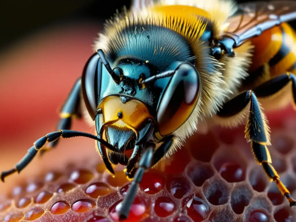 Detalles del aguijón de abeja en la piel, resaltando los beneficios del veneno de abeja en medicina moderna